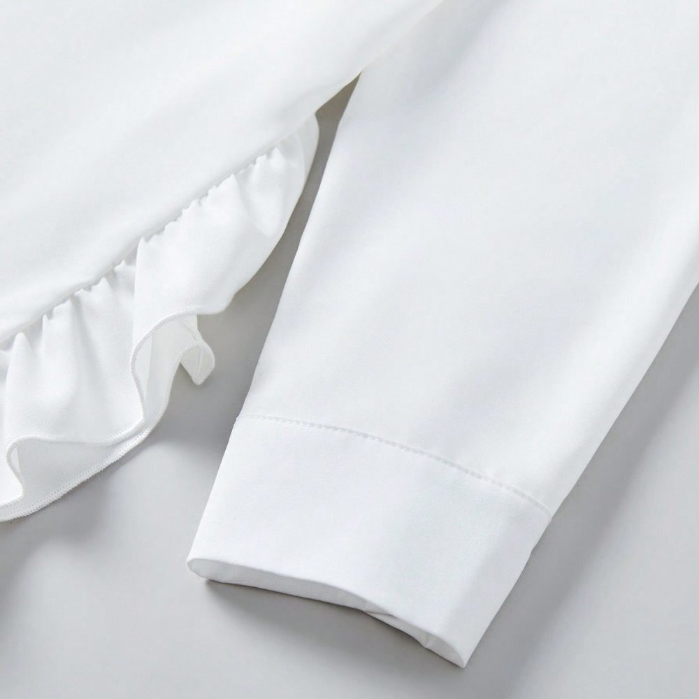 White Casual Women's Solid Color Ruffle Trim Decor Button Front Blouse - Picture 3 of 5